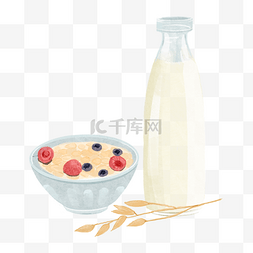水果燕麦片图片_燕麦牛奶水彩风格早餐牛奶杯