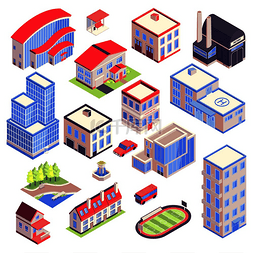 城市功能图标图片_具有不同功能的现代城市建筑孤立