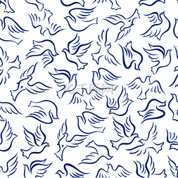 鸽子轮廓图片_优雅的飞鸟无缝图案与蓝色轮廓轮