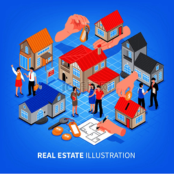 房屋买图片_房地产机构在蓝色背景等距矢量图
