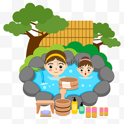母亲和孩子日本泡温泉插画