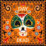 墨西哥亡灵节庆祝活动亮金黄色装饰海报配骷髅面具抽象矢量插图