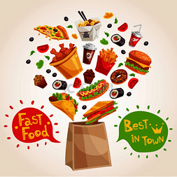 披萨广告图片_广告构图上有快餐菜纸袋和装饰的