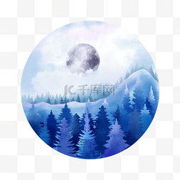 冬季文字装饰图片_满月在夜空和雾气的森林