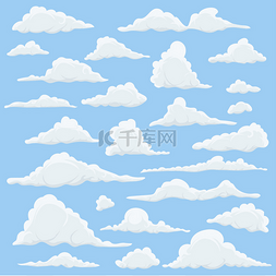 Cartoon Clouds Set On Blue Sky Background. Se