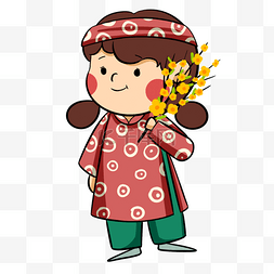 越南春节红衣服拿着花朵的女孩