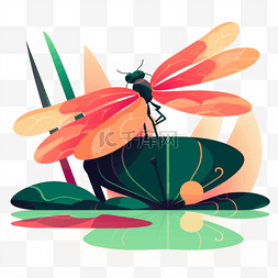 在池塘图片_扁平风蜻蜓停在池塘免抠元素