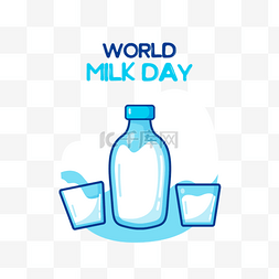 世界牛奶日蓝色牛奶瓶和两个杯子