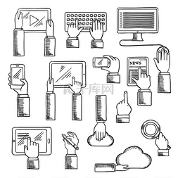人手指纹图片_数字设备和网络技术图标与人手在