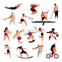 夏季运动集运动员的孤立涂鸦风格