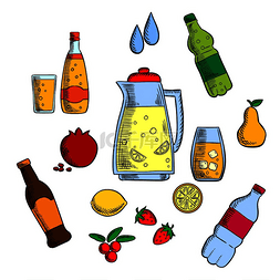 矿泉水和饮料图片_饮料、酒精和饮料图标设置有果汁