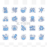 化学实验室行图标。化学配方、显微镜和医学分析。向量