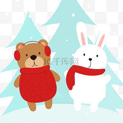 森林兔子插画图片_圣诞动物卡通风格圣诞节冬天