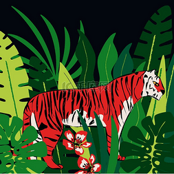 树叶与猫图片_手绘红虎与异国情调的热带树叶，