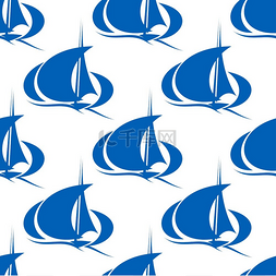 蓝色游艇或帆船无缝图案在海浪上