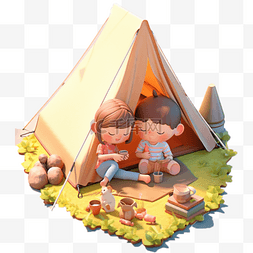 野餐布贴图图片_女孩男孩露营野餐春游度假3D立体