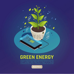 使用手机矢量图片_绿色能源等距组合与智能手机电池