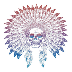 原住民图片_在美国原住民头饰的彩色头骨。