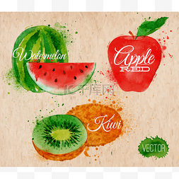影绘图片_水果水彩西瓜、 猕猴桃、 苹果红