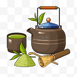 抹茶粉png图片_抹茶茶具插画风格棕色