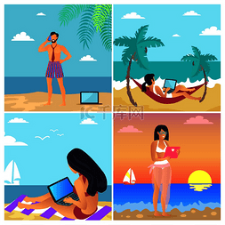 海滩旅行海报图片_商业夏季海报设置与商人在电话中