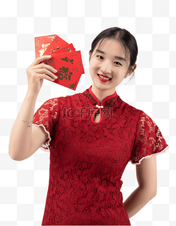 穿旗袍考通图片_新年发红包女孩