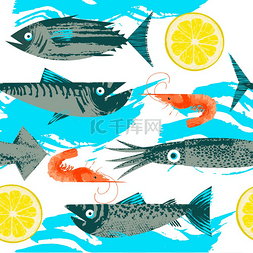 柠檬手图片_无缝图案以海鲜为主题的矢量插图