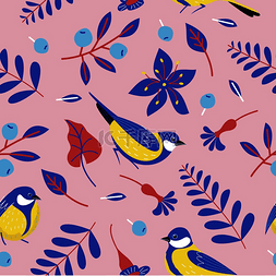 鸟、花、叶和浆果的无缝图案。