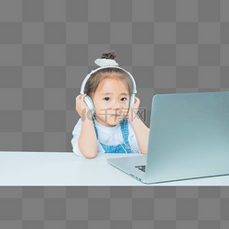 线上教育上网课小女孩手扶着耳机