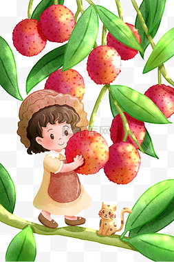 女孩与猫摘荔枝