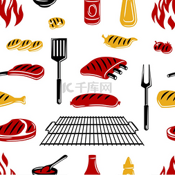 餐厅用品图片_烧烤对象和图标的无缝图案风格化