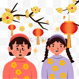 年粽图片_灯笼和花朵装饰的越南新年人物
