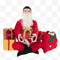 人像人像胡子图片_圣诞节圣诞老人环抱礼物送礼物