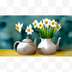 油画植物图片_水仙花与茶壶
