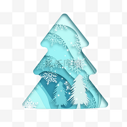 蓝色剪纸画图片_抽象蓝色底纹圣诞树剪纸