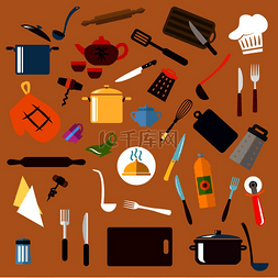 刀和叉子图片_厨具和器具平面图标，包括锅、勺