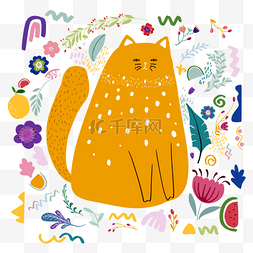 橘色抽象波西米亚猫咪涂鸦