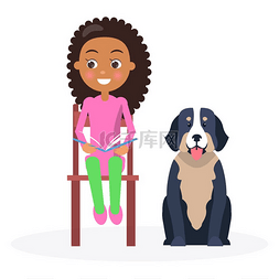 黑插图图片_坐在课本和宠物旁边的黑卷发女孩