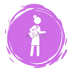 着装图标图片_女商人紫色圆圈肖像，邮票风格，