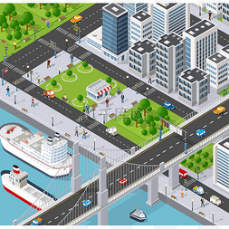 手绘城市3d图片_具有河堤的城市，人们在桥、运输