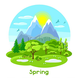 与树、山和小山的春天风景。