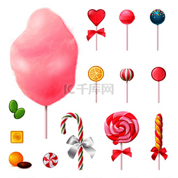 粉红色的棉花糖图片_糖果集逼真的图标与装饰棒棒糖，