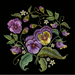 紫罗兰花刺绣。美丽的古典刺绣花