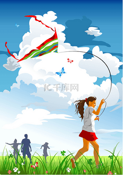 卡通走着的人图片_女孩飞行风筝