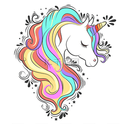 可爱的白色独角兽与彩虹色的头发