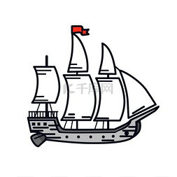 带有白帆和红旗的旧木船孤立的卡