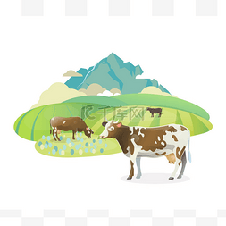 手绘高山图片_标签插画与快乐的奶牛放牧对高寒