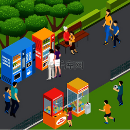 货机矢量图片_使用自动售货机和玩具捕手的成人