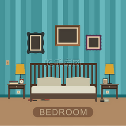 室内房间卡通图片_与家具的卧室内部。