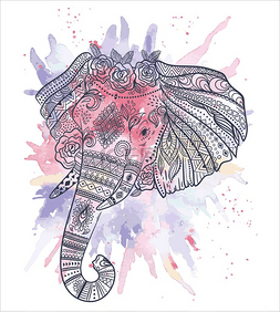 手绘t恤图案图片_美丽的手绘部落风格的大象。色彩